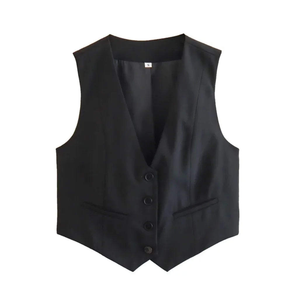 Women’s V-Neck Cropped Vest – Sleeveless Fashion Suit Top (Black/White)